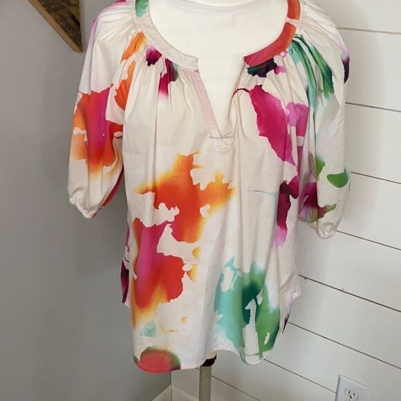 Diane Von Furstenberg | Women’s Keoni V Neck Abstract Puff Sleeve Blouse | 10 - Picture 1 of 7